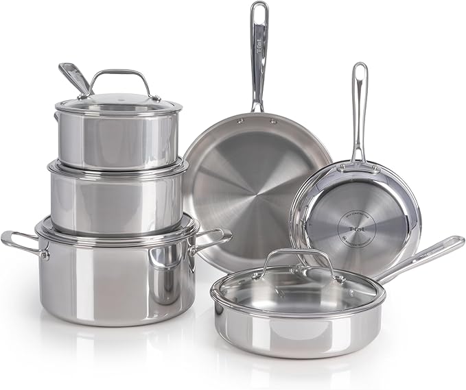 T-fal Pro Tri-Ply Stainless Steel Cookware Set 10 Piece, Induction Compatible Oven Safe 500F, Lids 350F, Fast & Even Heat, Professional Quality & Durability, Pots and Pans Set, Dishwasher Safe, Silver