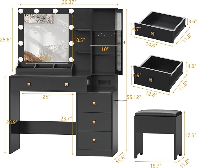Vanity Desk with Mirror and Lights, Black Makeup Vanity with 5 Drawers Hidden Jewelry Organizer& LED Glass Cabinet,3 Light Mode and Brightness Adjusted,Vanity Mirror with Lights Desk and Chair