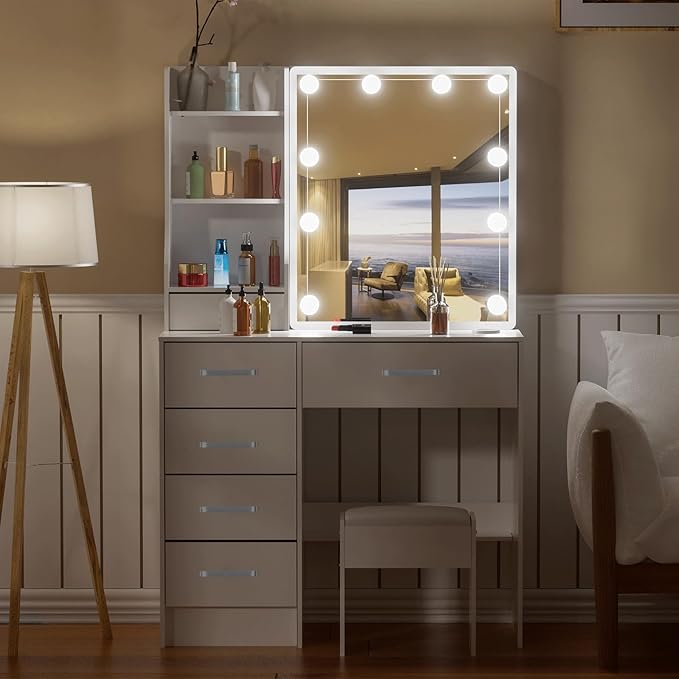 Dressing Table with Power Outlet for Hair Dryer, Phone Charging, Vanity Set with Miror and Lights, 5 Drawers and 6 Cabinets, Makeup Table for Girls, White
