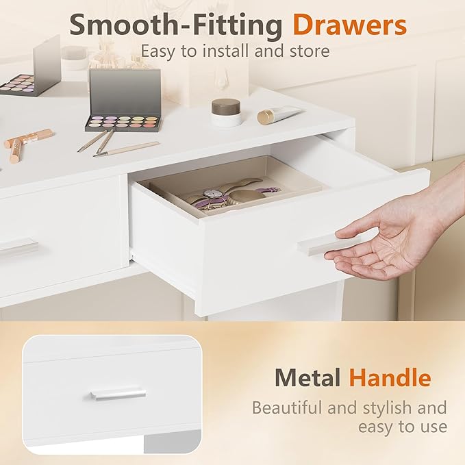 YESHOMY Vanity Desk with Mirror, Makeup Table with 11 Adjustable Lights and 2 Spacious Drawers, Soft-Padded Storage Stool, 3 Lighting Modes with Control, for Bedroom, Pure White