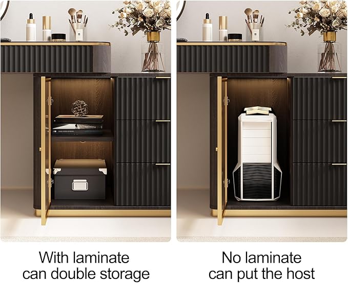 Larits Makeup Vanity, Very Easy to Assemble，Dressing Table Desk in one, Super Storage, with LED Light Vanity Mirror with ash Full Solid Wood upholstered Vanity Stool (Black Brown, 47 in)