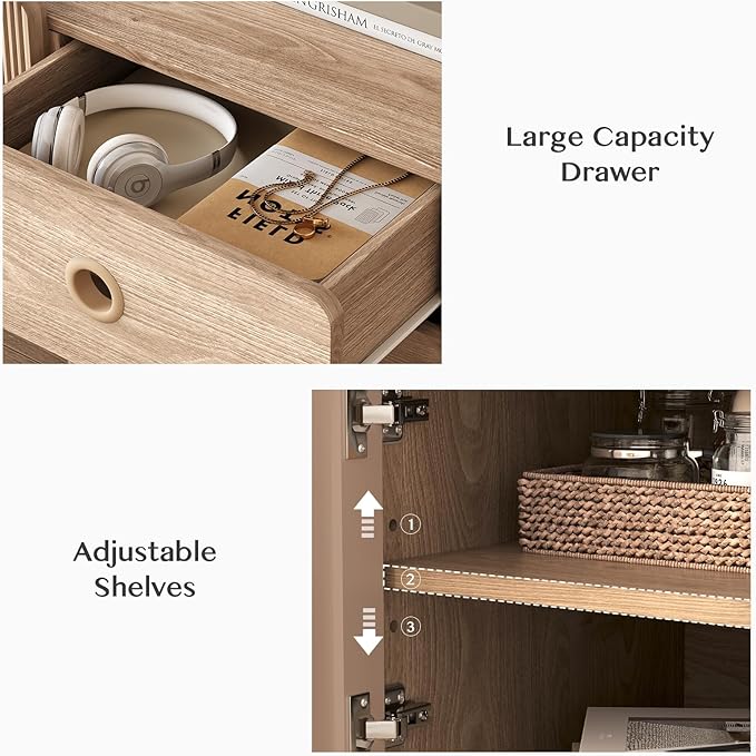 66" Fluted TV Stand, Boho TV Consoles for Living Room, Modern Entertainment Center with Storage, Media Console Cabinet for 75 inch TV(Oak)