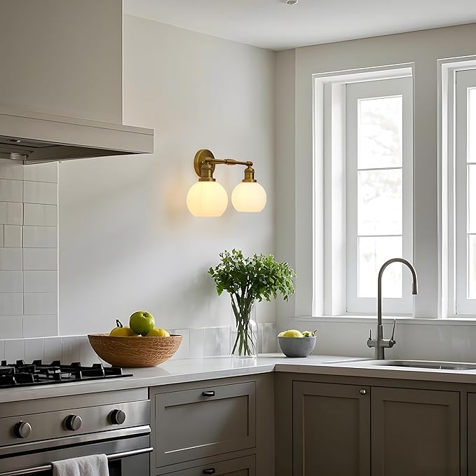 Vintage 2-Lights Wall Sconce with Milk White Glass Globe Shade, Hardwired Indoor Wall Light Fixture for Bathroom Vanity Living Room Bedroom