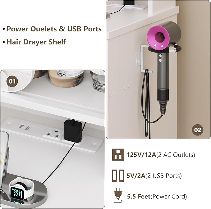 Vanity Desk with Sliding Mirror and Light,39 inch Makeup Vanity with Chair,2 Drawers,Power Outlet & Storage Shelves,3 Lighting Modes,Makeup Table Stool Set for Bedroom,White