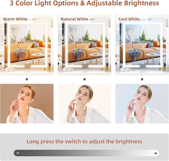 SMOOL Vanity with Lighted Mirror, Makeup Desk with Power Outlet, 3 Color Light Options, Adjustable Brightness, Vanity Table with 6 Storage Shelves, 2 Large Drawers and Cushioned Stool, White