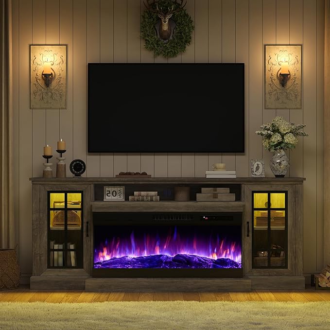 AMERLIFE 75in 3-Sided Glass Fireplace TV Stand with LED Lights for TVs up to 85", Rustic Fireplace Media Entertainment Center Console Cabinet Table with Glass Door Closed Storage, Wash Gray