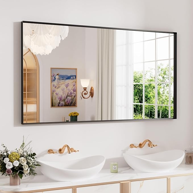 Bathroom Mirror Black, 55x30 Inch Large Matte Black Bathroom Vanity Mirror,Rectangle, Square Corner, Anti-Rust,Shatter-Proof, Bedroom, Living Room, Entryway, Wall-Mounted(Horizontal/Vertical)