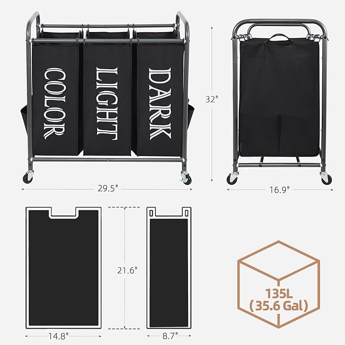 STORAGE MANIAC 3 Section Laundry Sorter, 35.9 Gal (136 L) Laundry Hamper Cart with Heavy Duty Rolling Lockable Wheel and Removable Bag, Clothes Organizer Basket Clothes Separator Hamper, Label Black