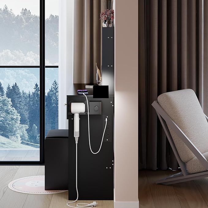 31.5" Small Vanity Desk with Round Mirror and Lights, Makeup Table with 2 AC+2 USB Power Station, Hair Dryer Bracket, Vanity Set with Drawers and Stool for Small Space Bedroom, Black