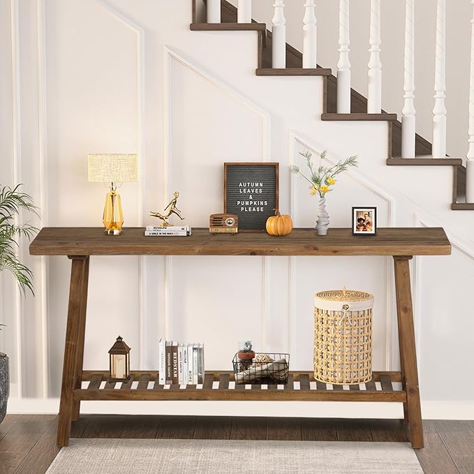Reclaimed Solid Wood Console Table, 59" Long Farmhouse Entryway Tables, Rectangular Couch Table Behind Sofa, 2 Tiers Accent Tables for Hallway, Entrance, Foyer, Living Room