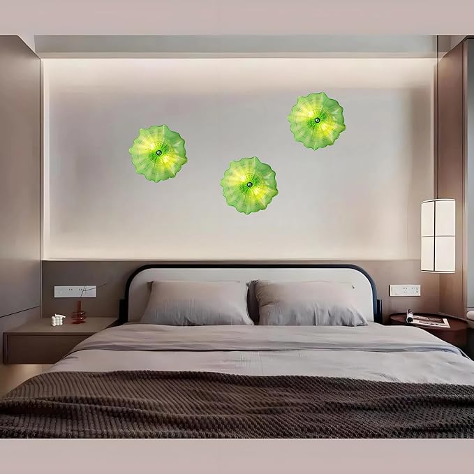 Hand Blown Glass Plate Wall Decor, Modern Unique Glass Wall Art, Lotus Leaf Wall Plate Shape Wall Sconce with Transparent and Easy to Clean for Staircase, Living Room, Kitchen, Hallway (Green-1)