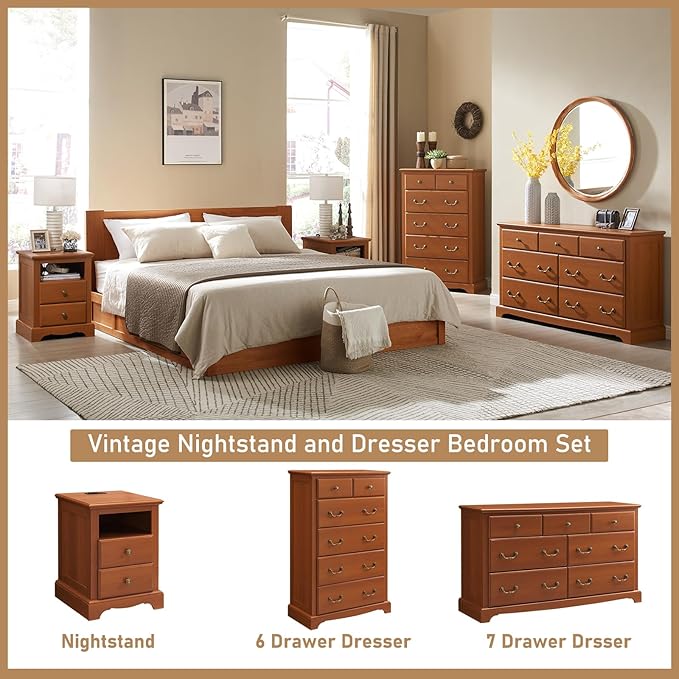 Farmhouse Dresser for Bedroom, 54" Modern 7 Drawers Dresser with Vintage Styles Pulls, Wood Rustic Closet Chest of Drawers for Living Room, Hallway, Cherry