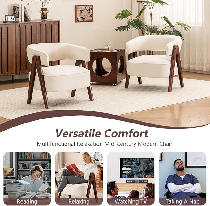 Kidol & Shellder Mid Century Accent Chair Set of 3 Comfy Fabric Modern Living Room Bedroom Chairs Upholstered Lounge Reading Armchair with Thicken Seat Cushion Wood Frame （White）