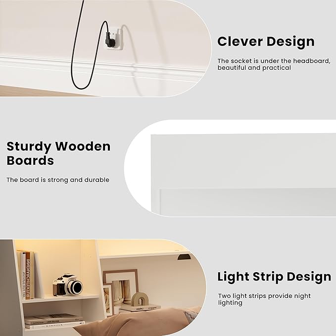 Headboard Queen Size with Storage, Upholstered Wood Bookcase Headboard with Charging Station & 2 LED Lights (White, Queen)