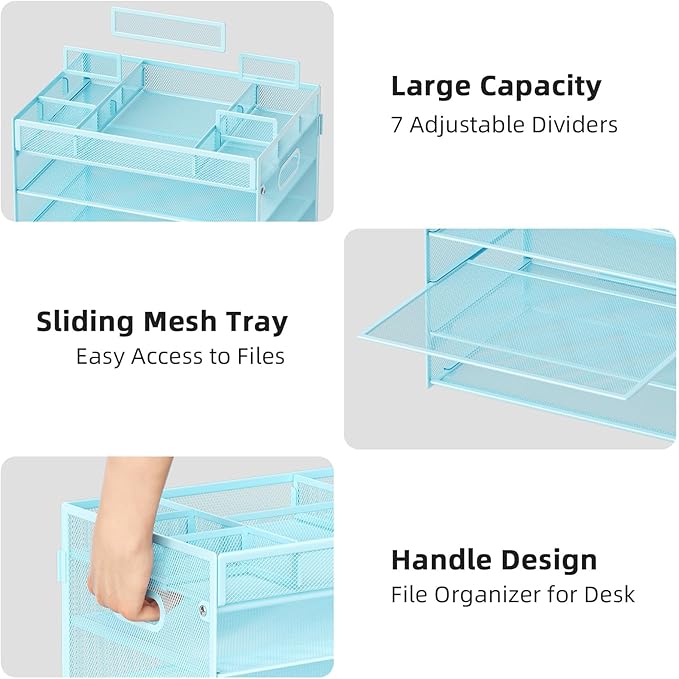 Marbrasse 5-Tier Letter Tray Paper Organizer with Handle, Multi-Functional Mesh File Organizer for Desk, Adjustable Compartments Mesh Desktop Storage for Office Supplies,Blue