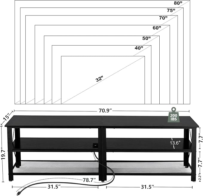 Clikuutory Modern Black 71 inch Metal TV Stand with LED Lights and Power Outlets for 50 60 65 70 75 80 Inch TVs, 3 Tier Television Stands with Entertainment Center and Storage for Living Room, Bedroom