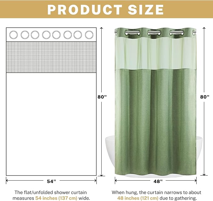 Small No Hook Shower Curtain with Snap in Liner, Polyester Textured Shower Curtain with Liner Set, Waterproof Washable Hotel Style Shower Curtains for Bathroom, 54Wx80H, Sage Green