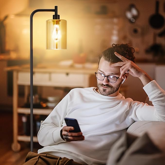 Floor Lamps for Living Room - Standing Lamp with Amber Glass Shade, Modern Floor Lamp with LED Bulbs, Industrial Floor Lamp for Bedroom, Black Tall Lamp for Office(Light Bulb Included)