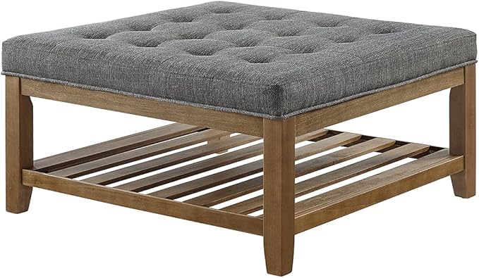 24KF Large Square Upholstered Tufted Linen Ottoman Coffee Table, Large Footrest Ottoman with Solid Wood Shelf-Granite