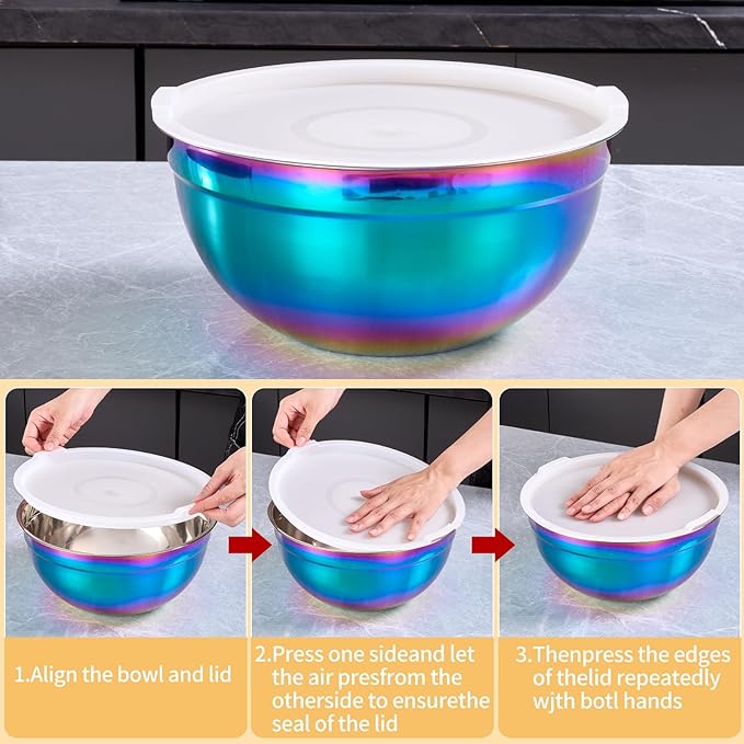 4-Piece Rainbow Stainless Steel Mixing & Serving Bowl Set With Airtight Lid, Unbreakable Deep Soup Bowl