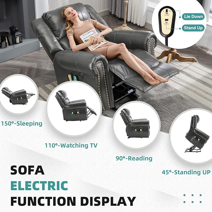 MEETWARM Large Power Lift Electric Recliner Chair for Elderly with Massage and Heat, Overstuffed Wide Recliner, Heavy Duty Sofa for Living Room with 2 Remote Control/USB Ports/Side Pockets(Gray)