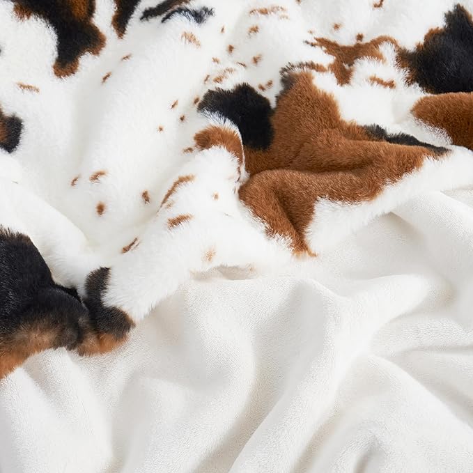 Cozy Bliss Cow Print Faux Fur Throw Blanket, Animal Printed Blankets Super Soft Warm Thick Fluffy Throws Home Decor for Couch Bed Sofa Women (Black&Brown Cow, 50x60 Inches)