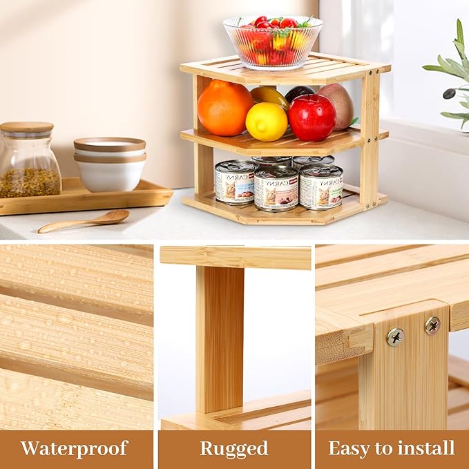 3-Tier Design Bamboo Corner Cabinet Organizer Countertop Kitchen Corner Rack, Plate Organizer for Cabinet Space Saver, Dishes, Bread Pantry, Bathroom Storage Racks or Countertop Racks