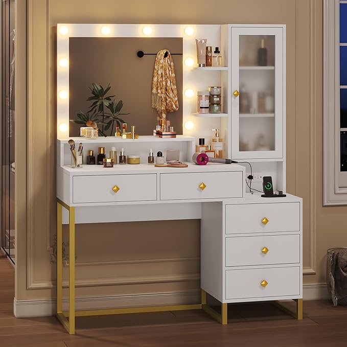 Tiptiper Large Makeup Vanity with Lights, Vanity Table with Charging Station Vanity Desk with Mirror and 10 LED Light Bulbs, Makeup Table with 5 Drawers, Nightstand and Storage Shelves, White & Gold