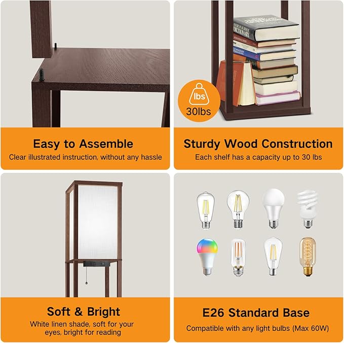 OUTON Floor Lamp with Shelves, LED Shelf Floor Lamp with USB & Type C Ports, 1 AC Outlet, 3 Color Temperature, Storage Display Wood Column Tall Standing Lamp for Living Room, Bedroom Office, Walnut