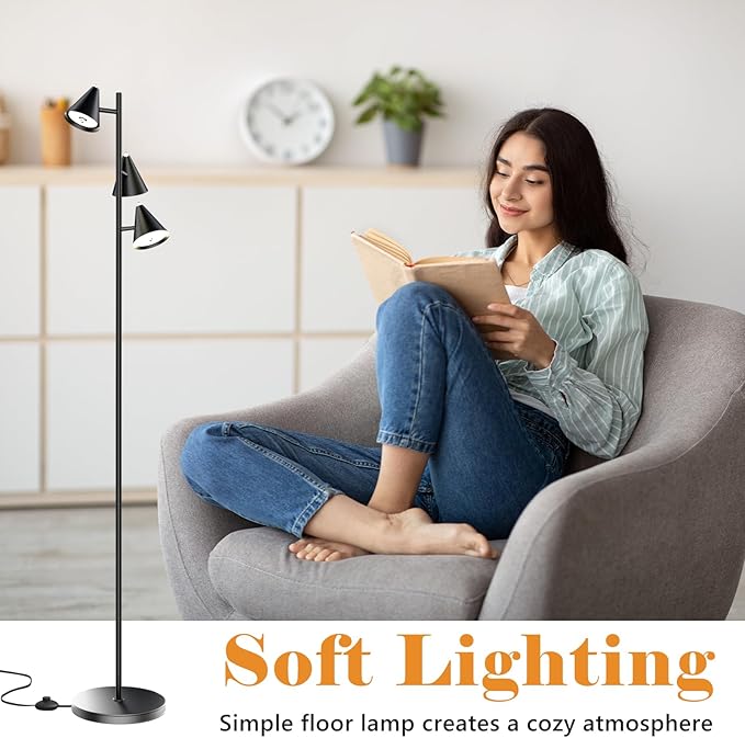 Floor Lamp 3 LED Lights Simple Design Tall Standing Rotatable Dimmable Lighting with Magnetic Remote Control for Bedroom Reading Room Office 5 Color Temperatures 6500K 63"