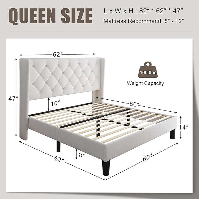 Queen Size Upholstered Bed Frame with Wingback Headboard, Fabric Linen Platform Bed, 8" Under Bed Storage, Wooden and Metal Slats Support, No Box Spring Needed, White
