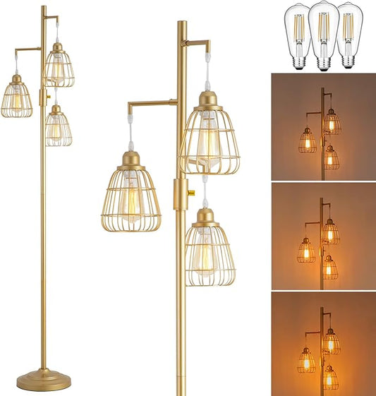 9MMML Gold Dimmable Floor Lamp,Industrial Farmhouse Tall Standing Floor Lamp for Living Room, Bedroom, Corner,Office,Gold 3 Teardrop Cage Lampshade,68”Height,3 LED Bulb Included