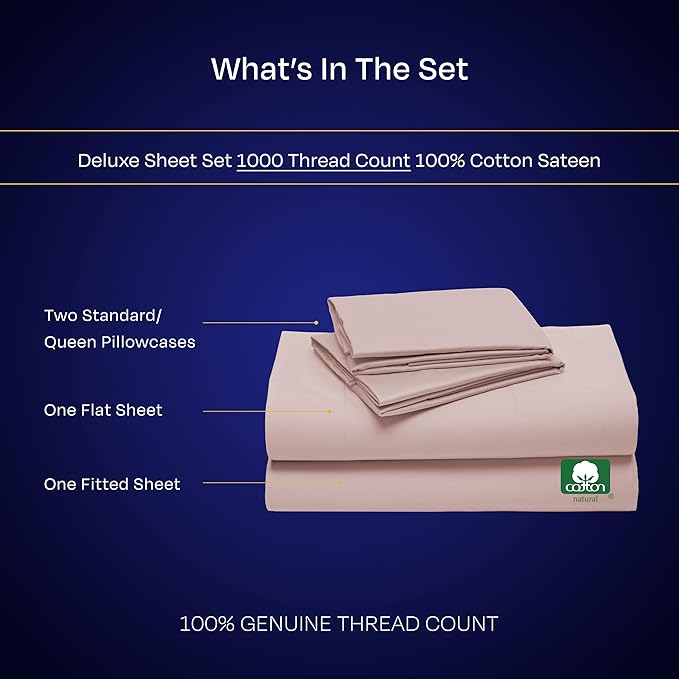 California Design Den Thick and Natural 100% Cotton Sheets Queen Size Bed Set - Luxury 1000 Thread Count Sateen, Deep Pocket Sheet Set, Soft, Breathable and Durable Bedding - Sepia Rose