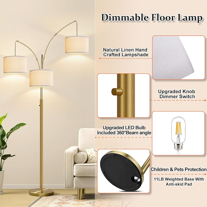 Dimmable Floor Lamp - 3 Lights Brass Floor Lamps for Living Room Linen White Shades & Heavy Base, Mid Century Tree Floor Lamp for Bedroom Office, 3 LED Bulbs Included
