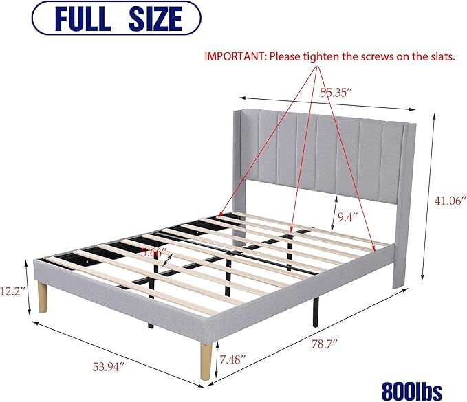 Upholstered Platform Full Size Bed Frame with Headboard Wooden Slats Support No Noise Easy Assembly Light Grey Linen