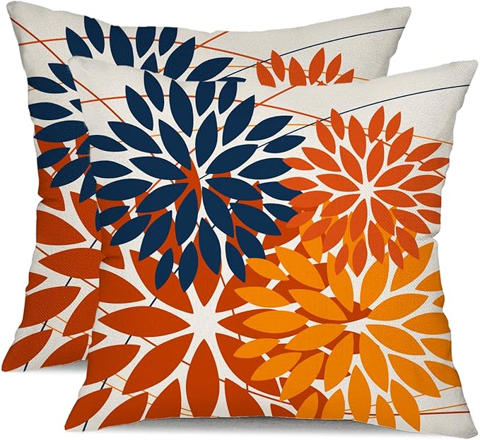 DFXSZ Outdoor Pillow Covers 20x20 Inch Set of 2 Blue Orange Flower Decorative Waterproof Summer Outdoor Fall Pillow Covers for Patio Funiture Garden Couch 168N20