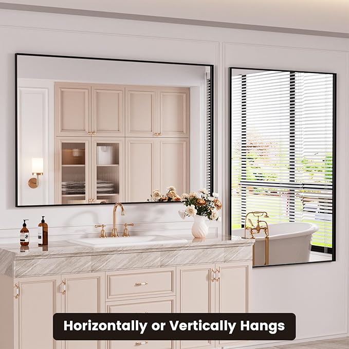 48x32 Inch Black Bthroom Mirror,Black Metal Frame Vanity Mirror for Wall,Square Corner, Rectangle,Tempered Glass,Anti-Rust (Horizontal/Vertical), Bedroom, Living Room, Entryway