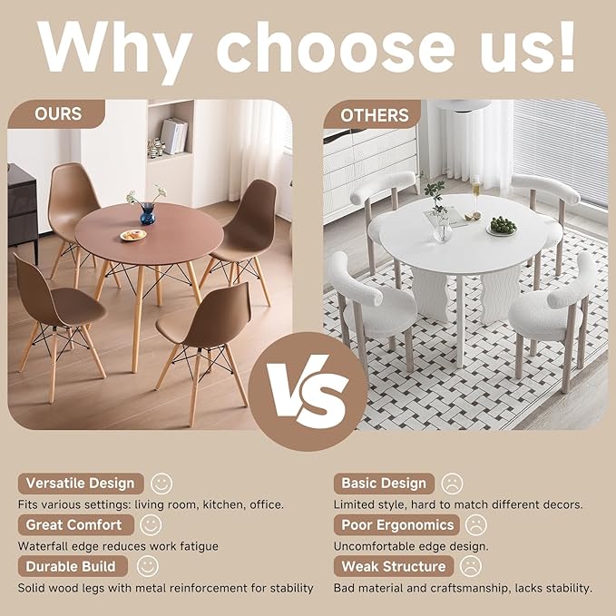 31.5'' 5 Piece Round Dining Table Set for 4, Mid-Century Modern Table with Chairs, Space Saving, Plastic Seats, Wood Legs, Circle Dinner Table for Kitchen, Home, Apartment, Brown