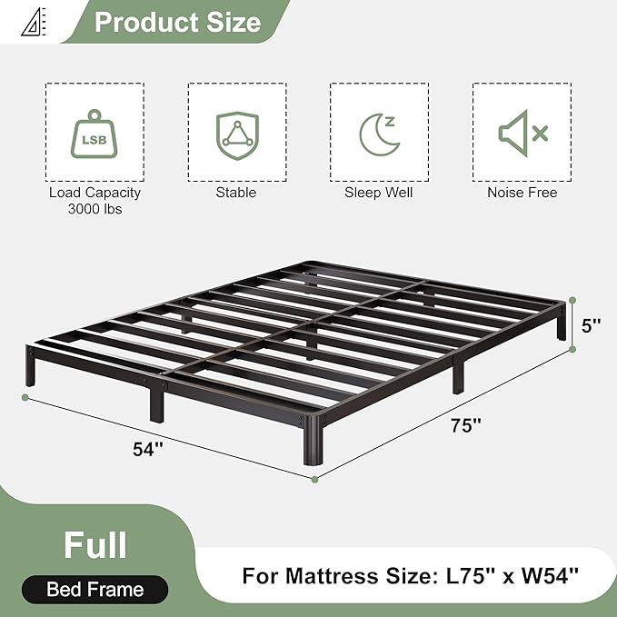 5 Inch Low Full Size Bed Frame with Rounded Corner Legs, 200 LBS Heavy Duty Metal Full Platform Bed Frame No Box Spring Needed, Noise Free, Easy Assembly, Black