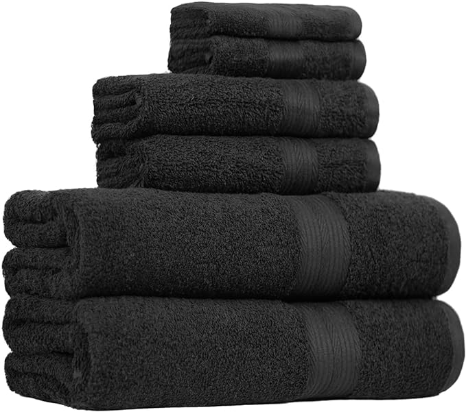 Amazon Basics 6 Piece Oversized Fade resistant Towel set, 100% Cotton towels for bathroom, soft and absorbent, 2 Bath Towels, 2 Hand Towels and 2 Washcloths bathroom towel set, Black