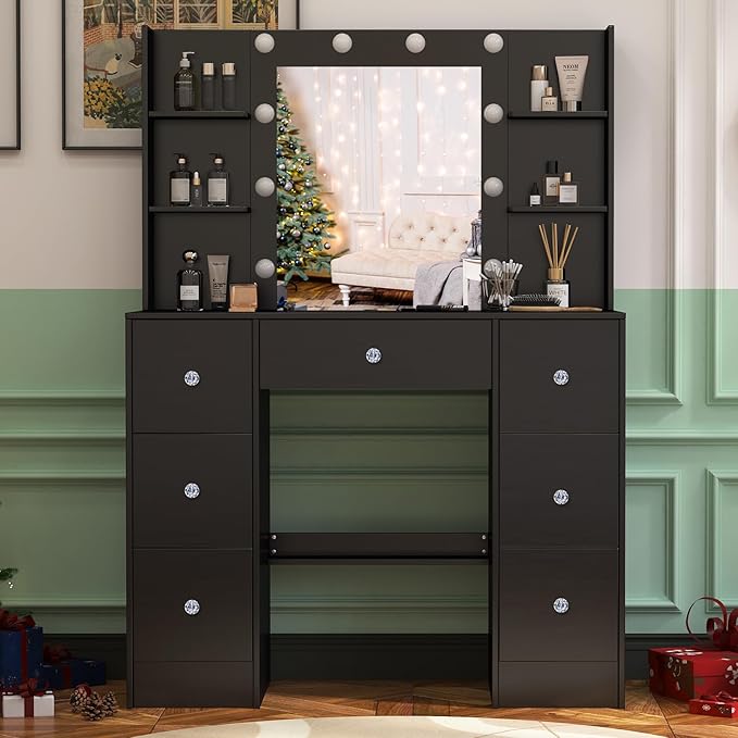 Makeup Vanity Desk with Mirror, Vanity Desk Set with Lights 3 Colors, 7 Drawers & 2 Storage Shelves, Large Vanity Table for Girls Bedroom, Black
