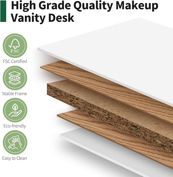 Makeup Vanity Desk with Mirror and Lights - 55.2in Vanity Table with 5 Drawers & Adjustable Cabinets, Large Makeup Vanity, Wood Farmhouse Dressing Table White Vanity Desk for Bedroom, 3 Lighting Modes