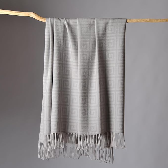 CUDDLE DREAMS Premium Cashmere Throw Blanket with Fringe, Luxuriously Soft (Greek Key)