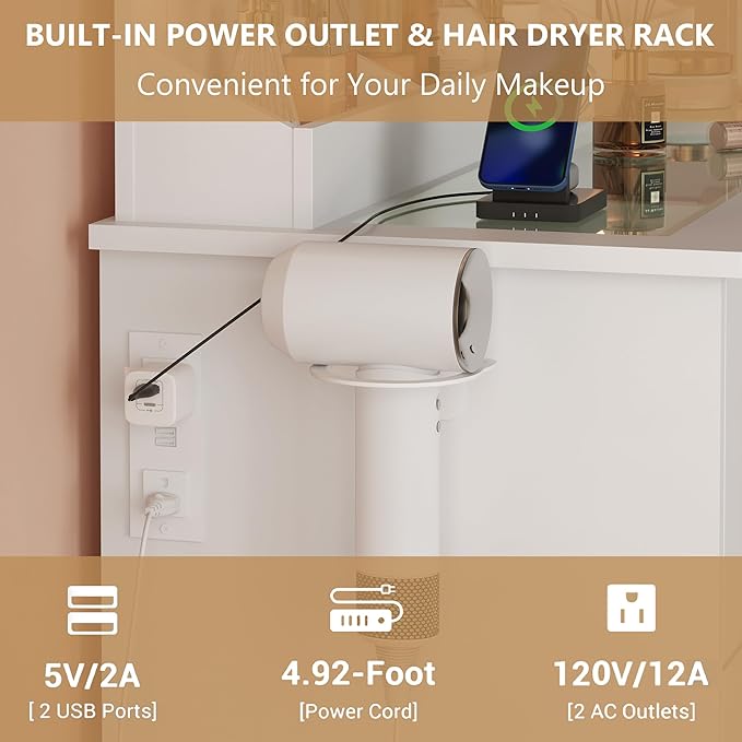 Vanity Desk with 38" Large Mirror and 9 LED Lights, Adults Makeup Vanity with 7 Storage Drawers and Glass Top & Power Outlet and RGB Ambient Lights, Dressing Table for Bedroom, Modern White