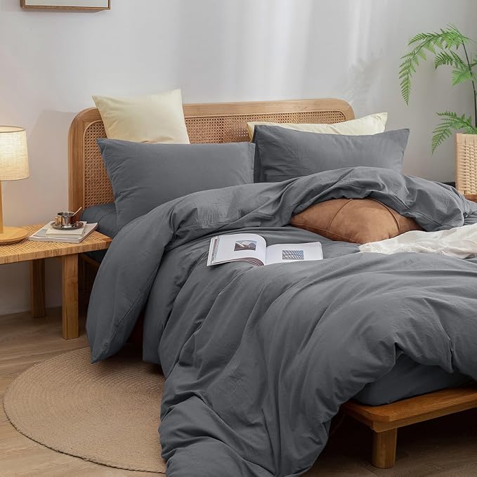 BESTOUCH Duvet Cover Set 100% Washed Cotton Linen Feel Super Soft Comfortable Chic Lightweight 3 PCs Home Bedding Set Solid Quiet Shade Grey Cal King