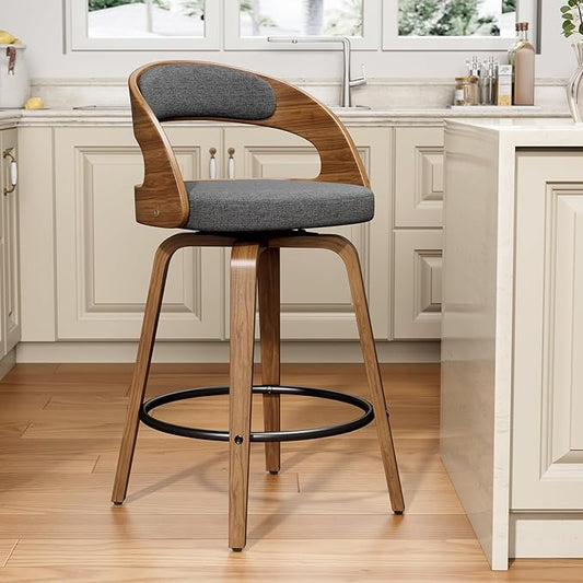 Swivel Bar Stools Set of 1, 26" Counter Height Bentwood Barstool, Mid-Century Modern Upholstered Fabric Bar Chair with Back and Footrest, for Kitchen Island, Bar, Cafe, Dining Room, Grey Linen