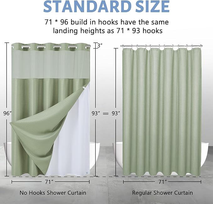 Furlinic Extra Long Waffle Weave No Hook Shower Curtain with Snap in Liner,Heavy Duty Textured Fabric Bathroom Curtains with Mesh Top Window,Waterproof & Machine Washable,Sage Green,71x96 Inch