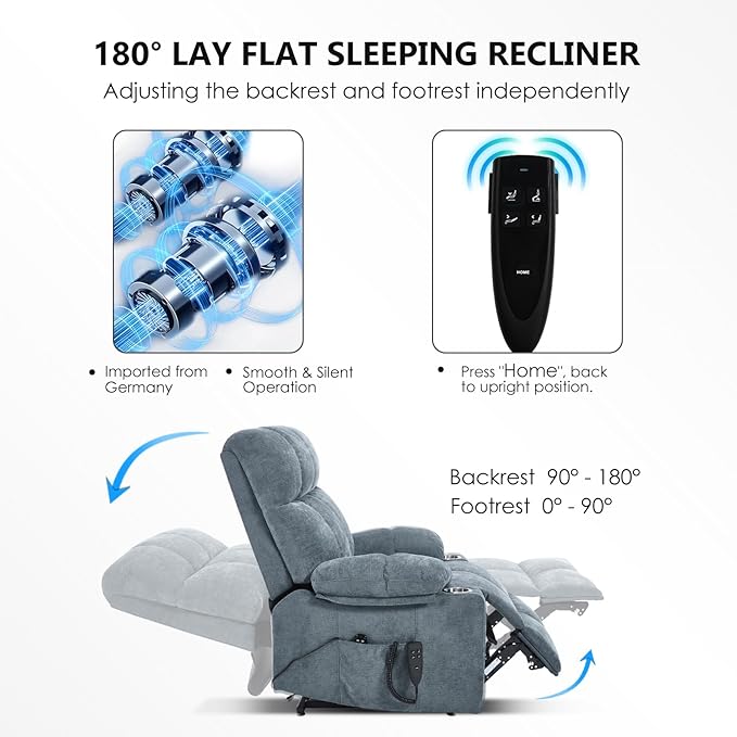 Oversized Recliner with Massage and Heating, Power Lift Chairs for Elderly, Extra Wide Recliner Chair for Living Room with Cup Holders, Dual Motor, Chenille Fabric - Grayish Blue