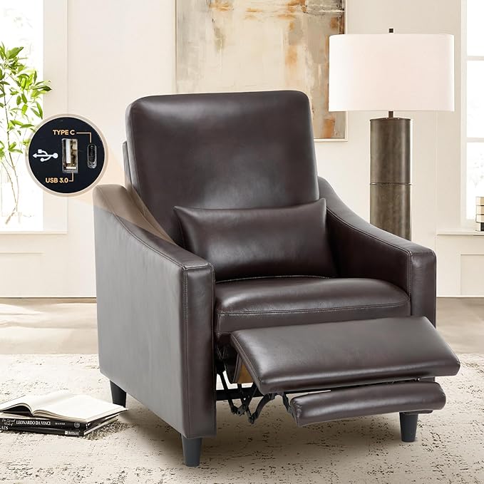 COLAMY Pushback Electric Recliner Chair, Premium Leather Upholstery with Adjustable Angles, Extra Lumbar Pillow, Built-in Charging Port, Business-Casual Style for Living Room（Brown