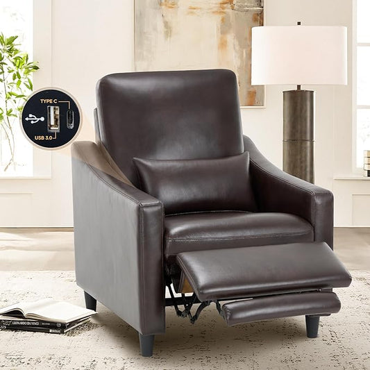 COLAMY Pushback Electric Recliner Chair, Premium Leather Upholstery with Adjustable Angles, Extra Lumbar Pillow, Built-in Charging Port, Business-Casual Style for Living Room（Brown